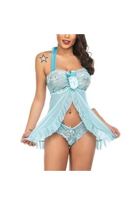 Lingerie Sexy Femme Babydoll Robe en Dentelle avec Culotte Deux Pièces Babydoll Lingerie Costume Sexy-Bleu Ciel-XL