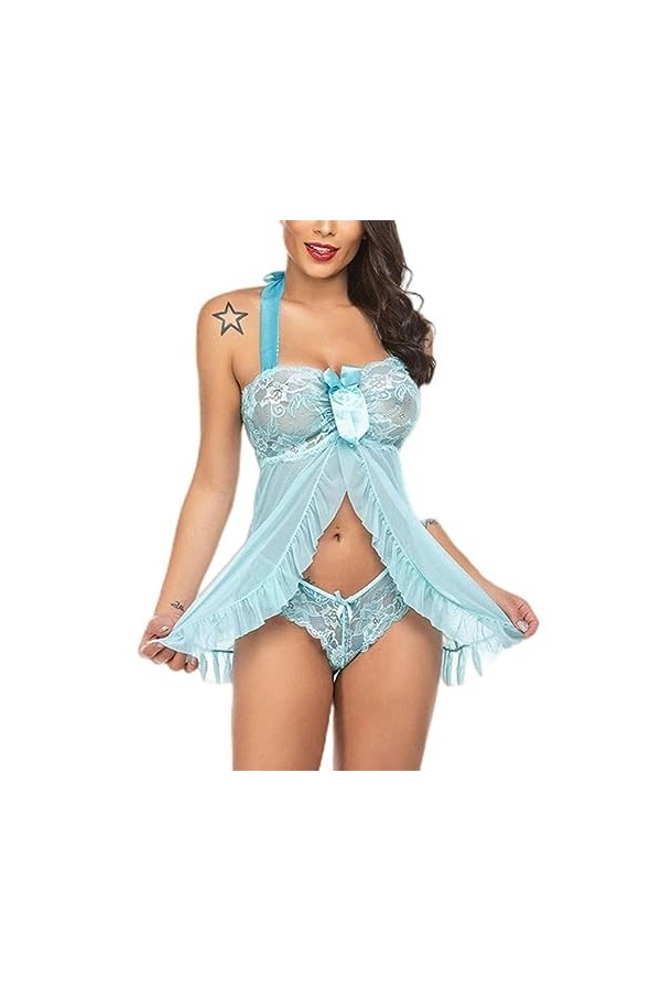 Lingerie Sexy Femme Babydoll Robe en Dentelle avec Culotte Deux Pièces Babydoll Lingerie Costume Sexy-Bleu Ciel-XL