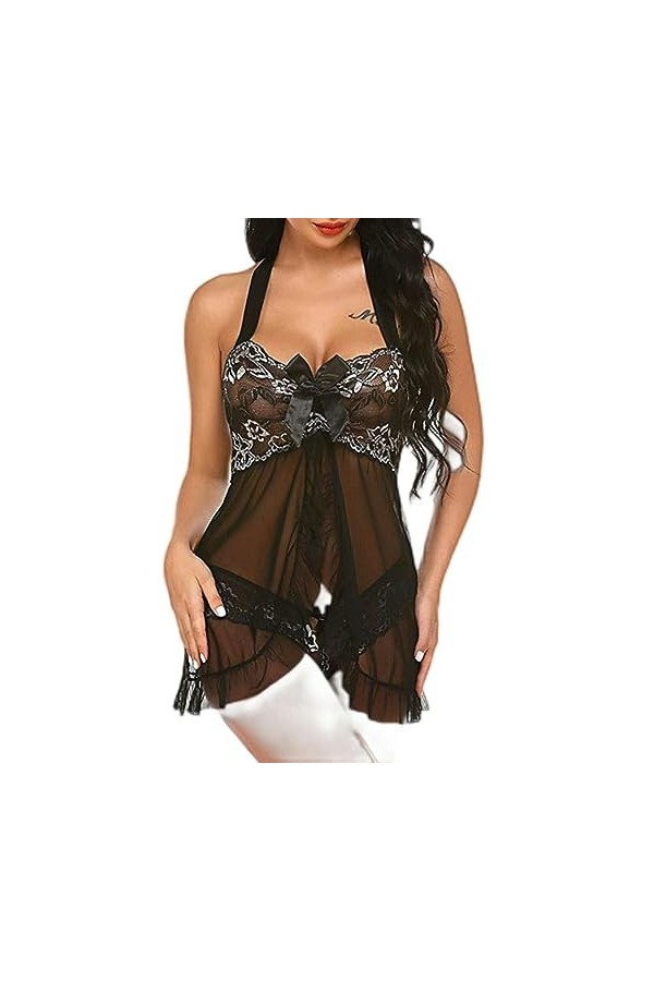 Lingerie Sexy Femme Babydoll Robe en Dentelle avec Culotte Deux Pièces Babydoll Lingerie Costume Sexy-Bleu Ciel-XL