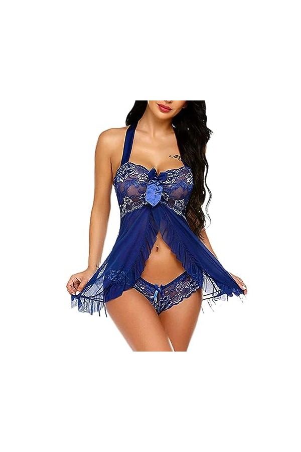 Lingerie Sexy Femme Babydoll Robe en Dentelle avec Culotte Deux Pièces Babydoll Lingerie Costume Sexy-Bleu Ciel-XL