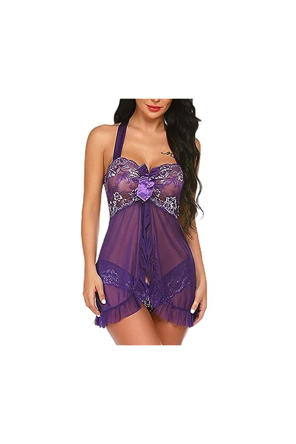 Lingerie Sexy Femme Babydoll Robe en Dentelle avec Culotte Deux Pièces Babydoll Lingerie Costume Sexy-Bleu Ciel-XL