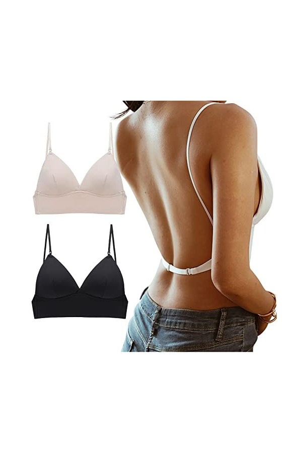 2 pièces Soutien-Gorge Dos en Dentelle en Forme de U pour Femmes avec des Robes à Dos Bas Menstruelle Abondante Nuit Beige,B