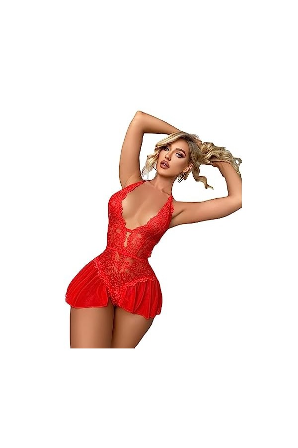 ZTIANEF LatexEnsemble Robe de Nuit Lingerie Sexy en Dentelle érotique, Rouge, XXL