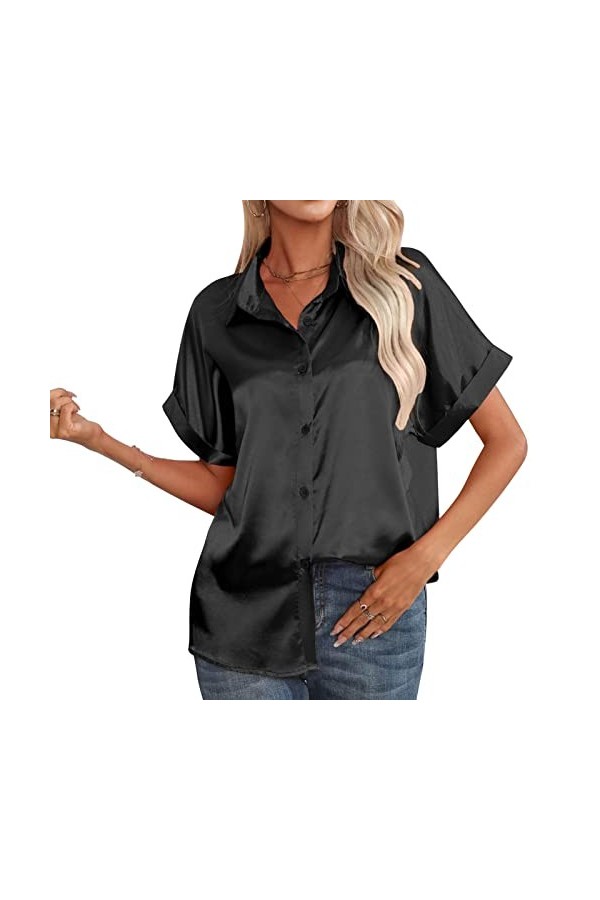 Huairdum Chemise en Satin de Soie pour Femme, Manches Courtes Décontractées en Satin de Couleur Unie, Coupe Ample pour Le Bur