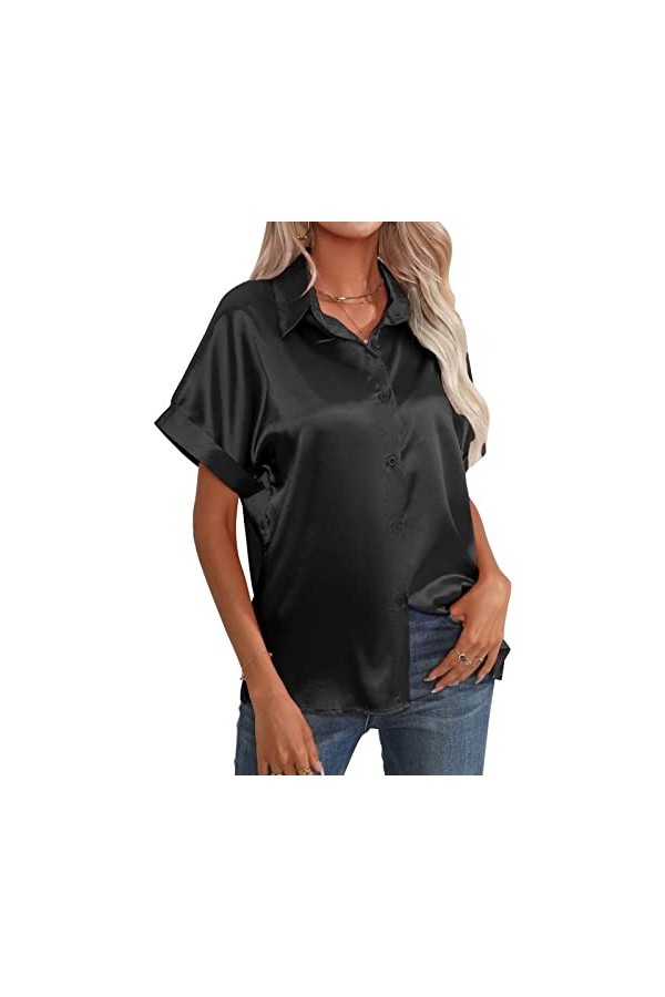 Huairdum Chemise en Satin de Soie pour Femme, Manches Courtes Décontractées en Satin de Couleur Unie, Coupe Ample pour Le Bur
