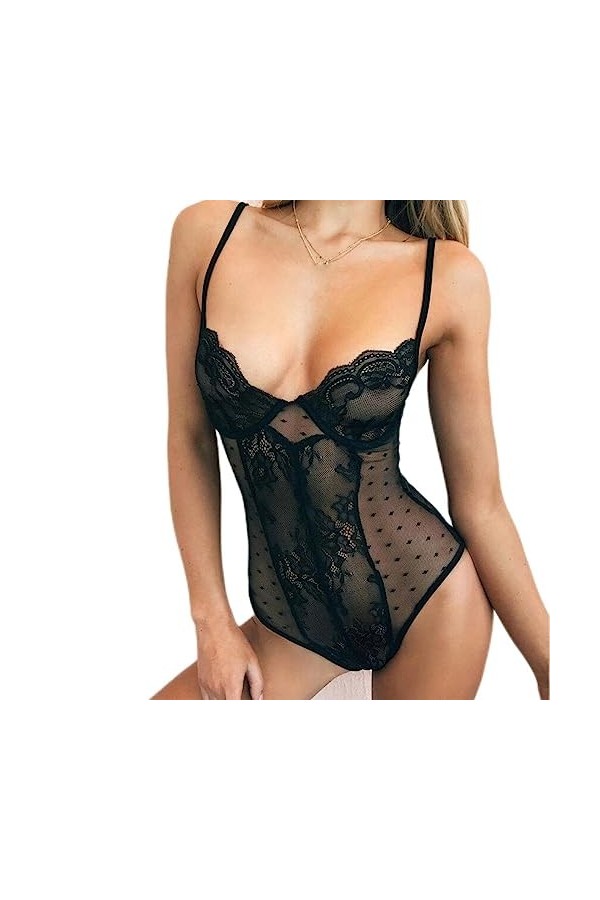 CHOUBAGUAI Lingerie sexy pour femmes en dentelle nuisette body résille bas robe costumes nuisette noir L