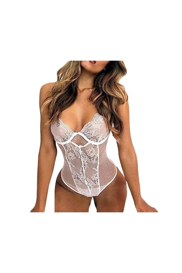 CHOUBAGUAI Lingerie sexy pour femme en dentelle Babydoll Body résille Bas robe Costumes nuisette Blanc XXL