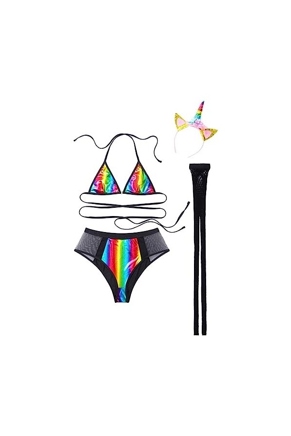 Ensemble de Lingerie pour Femmes Costume de Cosplay Sexy Halter Soutien-Gorge à Lacets Mesh Patchwork Briefs Bandeau Évider C