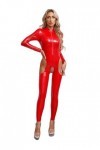 MSemis Jumpsuit pour Femme Catsuit Sexy Cuir Femme Coquine Erotique Ouvert Entrejambe Salopettes Romper S-4XL Rouge A 3XL