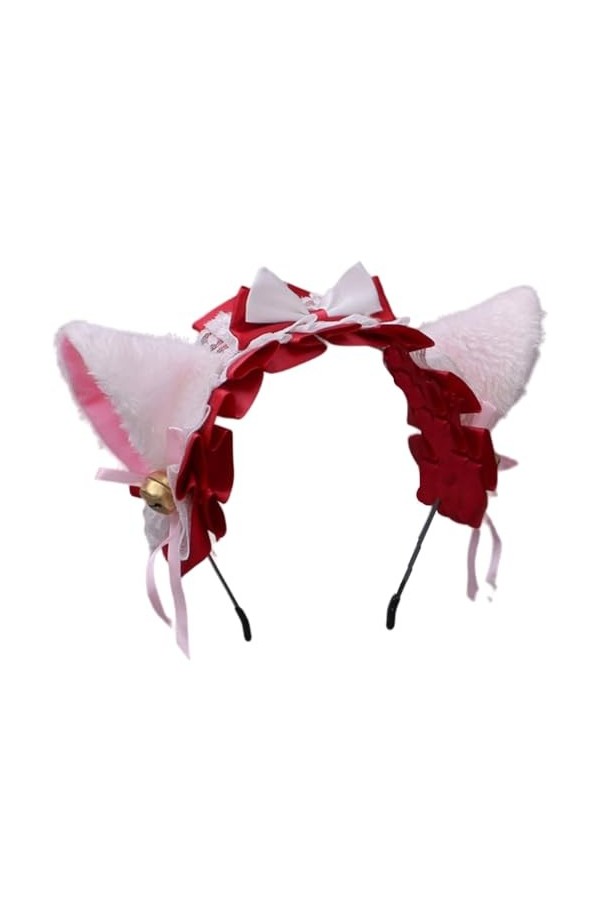 TTYAO REII Serre-tête oreilles de chat Lolita pour femme, costume de chaton duveteux, nœud en dentelle et ruban pour fête cos
