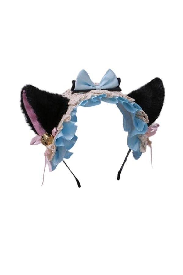 TTYAO REII Serre-tête oreilles de chat Lolita pour femme, costume de chaton duveteux, nœud en dentelle et ruban pour fête cos