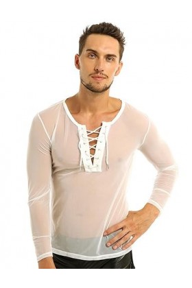 WSZJLN Hommes à Lacets Maille à Manches Longues T-Shirt Hommes Sexy Tenue de Club Costumes sous-vêtements résille Hauts-Blanc