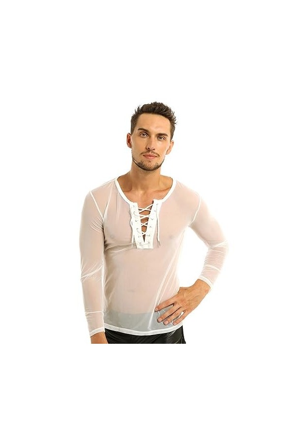 WSZJLN Hommes à Lacets Maille à Manches Longues T-Shirt Hommes Sexy Tenue de Club Costumes sous-vêtements résille Hauts-Blanc