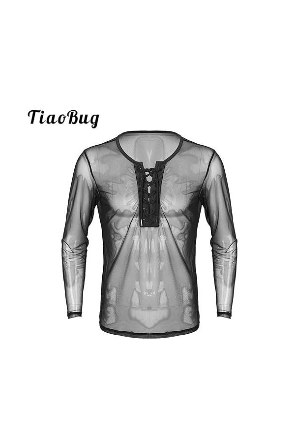 WSZJLN Hommes à Lacets Maille à Manches Longues T-Shirt Hommes Sexy Tenue de Club Costumes sous-vêtements résille Hauts-Blanc