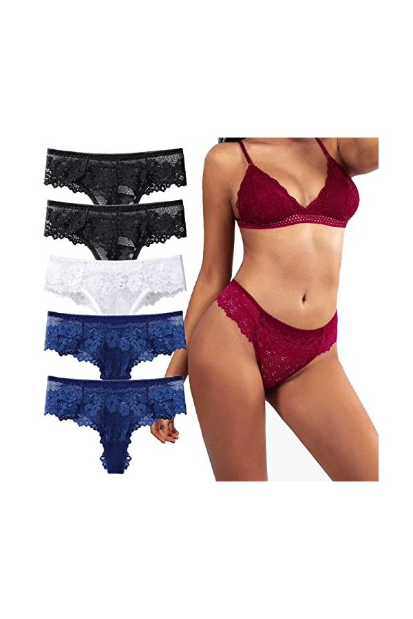 HMLOPX Daily Wear String Taille Basse en Dentelle for Femme Sexy sous-vêtement Extensible T Back Culotte Invisible Lot de 5 