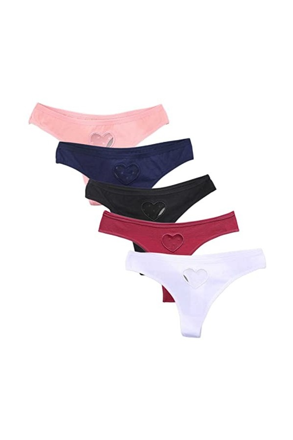 HMLOPX Daily Wear Lot de 5 Tongs for Femme Sexy en Dentelle cœur Taille Basse sous-vêtements Invisibles T-Back Culotte Color