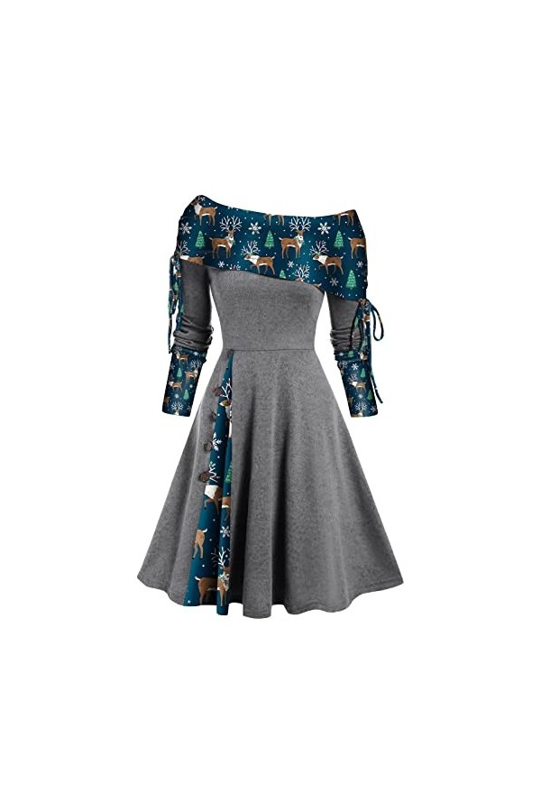 Robe de Noël pour femme - Imprimé flocons de neige - 50s - Hepburn - Robe décontractée - Manches longues - Épaules dénudées -