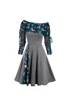 Robe de Noël pour femme - Imprimé flocons de neige - 50s - Hepburn - Robe décontractée - Manches longues - Épaules dénudées -