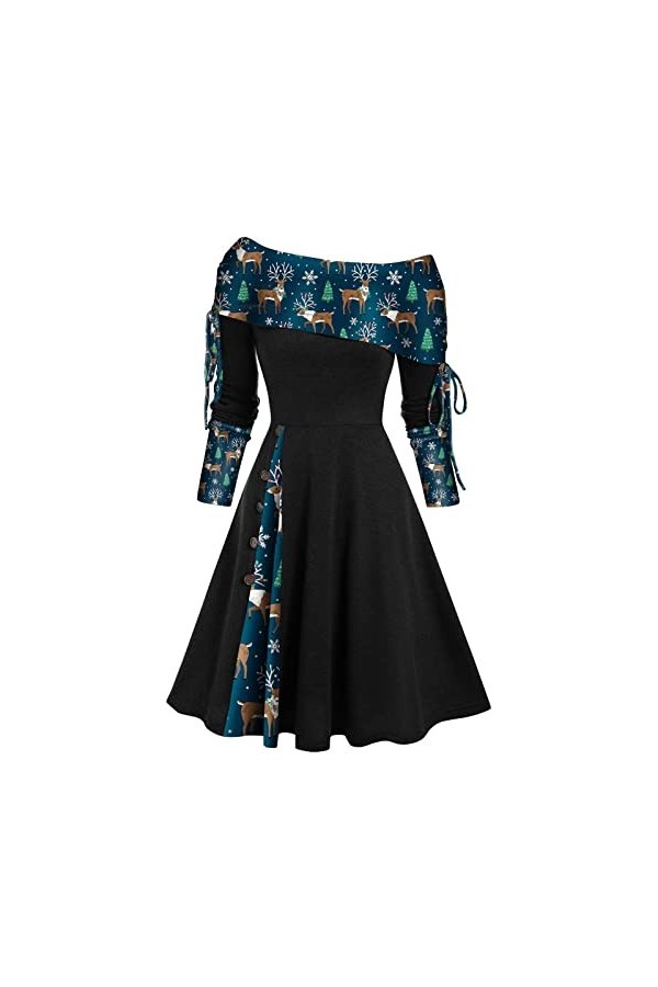 Robe de Noël pour femme - Imprimé flocons de neige - 50s - Hepburn - Robe décontractée - Manches longues - Épaules dénudées -