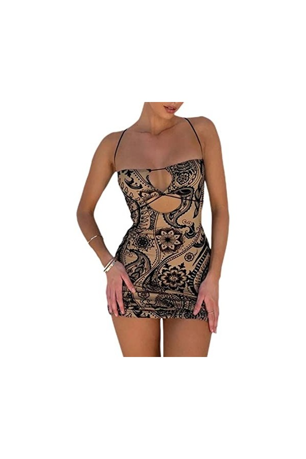 Femmes Sexy Découpe Moulante Mini Robe Low Cut Halter Neck sans Manches Dos Nu Robes De Soirée Vintage Graphic Print Streetwe