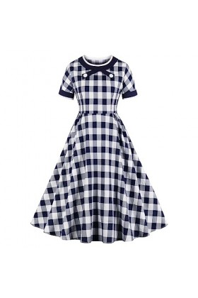 Hepburn Robe pour femme des années 50 - Épaules dénudées - Dos nu - Robe de soirée cintrée - Bowknot - À carreaux - Sexy - Lo