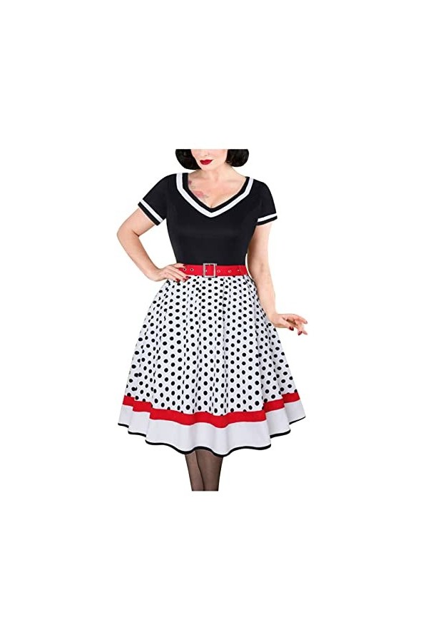 Hepburn Robe décontractée à manches courtes pour femme - Col en V - Coupe trapèze - Grande taille - Rockabilly - Avec ceintur