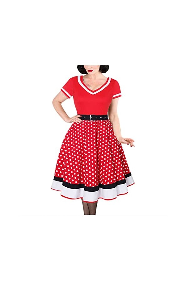 Hepburn Robe décontractée à manches courtes pour femme - Col en V - Coupe trapèze - Grande taille - Rockabilly - Avec ceintur