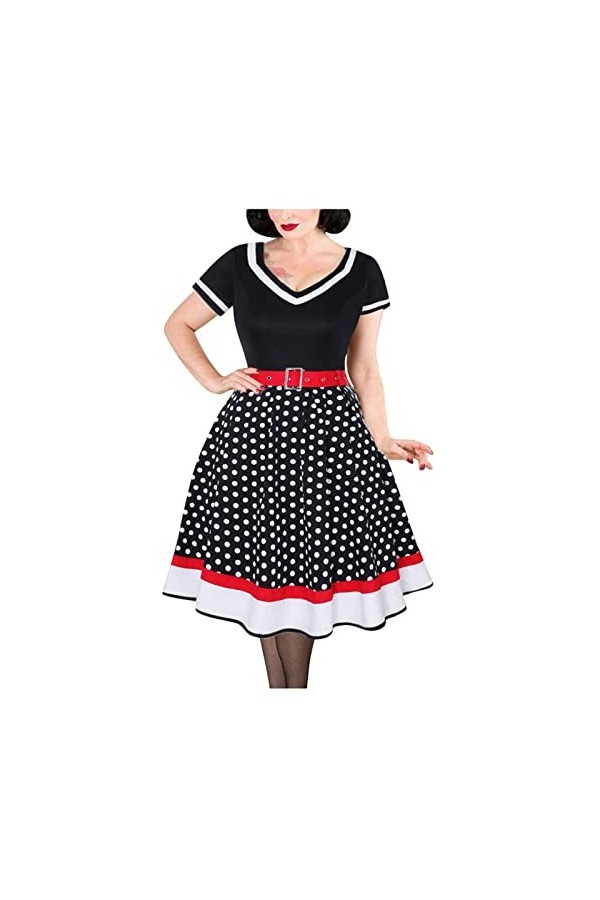 Hepburn Robe décontractée à manches courtes pour femme - Col en V - Coupe trapèze - Grande taille - Rockabilly - Avec ceintur