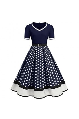 Hepburn Robe vintage élégante pour femme - Style décontracté - À pois - Col en V - Rockabilly - Manches courtes - Coupe haute