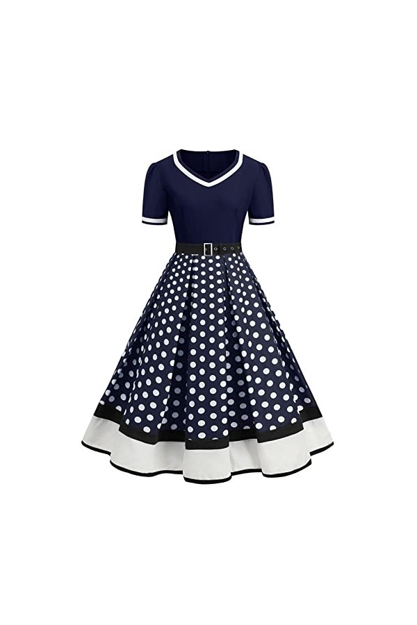 Hepburn Robe vintage élégante pour femme - Style décontracté - À pois - Col en V - Rockabilly - Manches courtes - Coupe haute