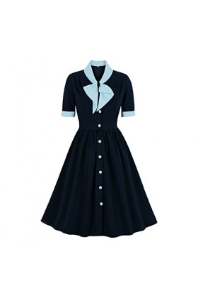 Robe Audrey Hepburn années 50 - Col à revers - Col à revers - Boutonné - Coupe ajustée - Élégante - Vintage - Couleur unie - 