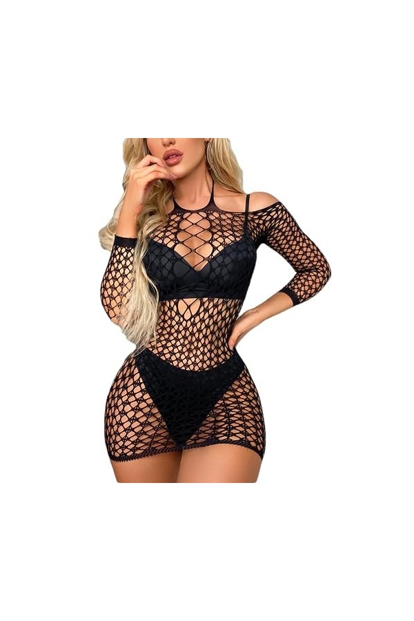ZTIANEF Nuisettes Et Deshabillés Robe Sexy Lingerie Résille Évider Chemise De Nuit Voir À Travers Les Vêtements De Nuit,Noir,