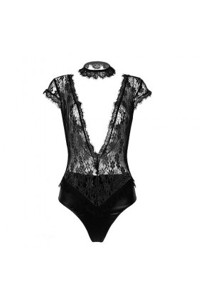 Womens See-Through Sheer Sexy Lingerie Lace Patchwork Deep-V Buste and Back High Cut String Justaucorps Teddy Body Clubwear-N