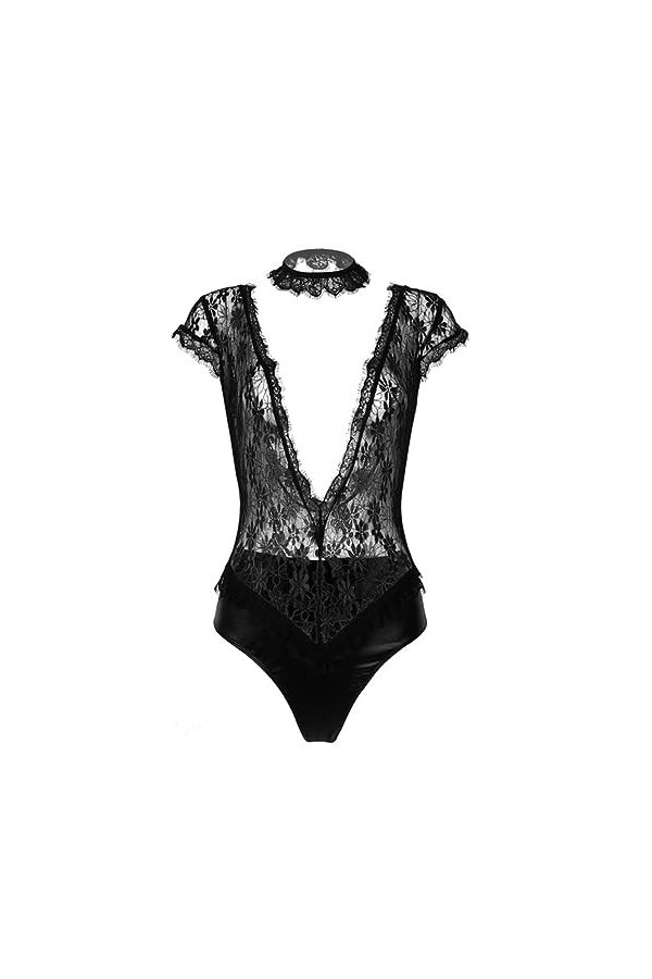 Womens See-Through Sheer Sexy Lingerie Lace Patchwork Deep-V Buste and Back High Cut String Justaucorps Teddy Body Clubwear-N