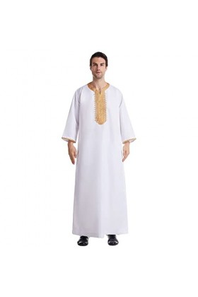 Mymyguoe Robe musulmane à manches longues pour homme - Robe musulmane - Col debout - Manches longues - Arabe - Dubaï, Blanc.,