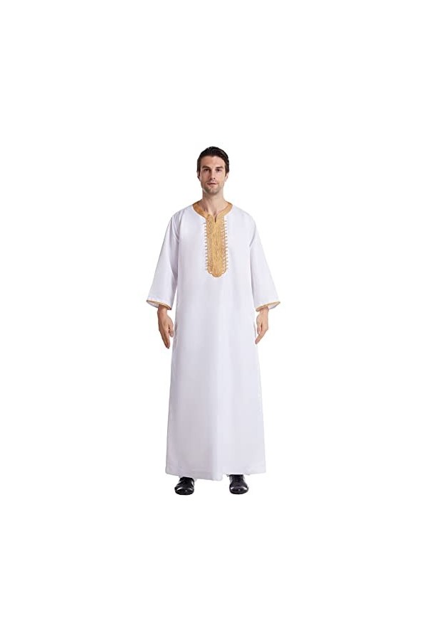 Mymyguoe Robe musulmane à manches longues pour homme - Robe musulmane - Col debout - Manches longues - Arabe - Dubaï, Blanc.,