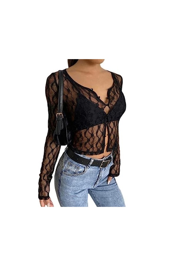 Fashon Nouvelles Femmes Sexy Dentelle Tops Adultes Transparent À Manches Longues Col Rond Boutonné Cardigan Noir Blanc S-XL-N