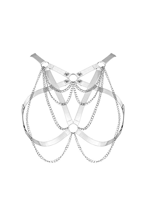 JMMHSS Femmes Corps chaîne Harnais Lingerie Poitrine Sangle jarretière Punk Goth Extensible Tissu Halloween Rave Le Noir 