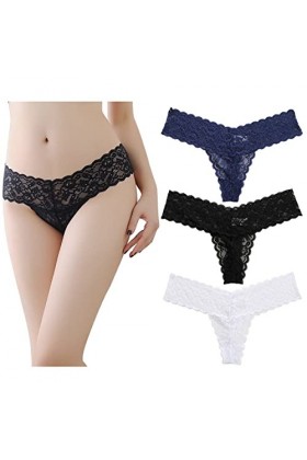 SamHeng Femme Tanga Dentelle String Sexy T Back G String Culotte Culotte Hipster pour Femme Lot de 3, M
