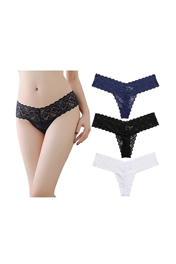 SamHeng Femme Tanga Dentelle String Sexy T Back G String Culotte Culotte Hipster pour Femme Lot de 3, M