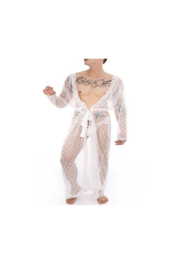 String Homme Sexy Hot Dentelle Slips Boxer Mens Polka Dot Style Japonais Kimono Long Sexy Dentelle Peignoir Transparent Fente