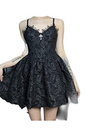 Gothique Noir Sexy Corset Robe Dété Femmes Streetwear Dos Nu sans Manches Lolita Mini Robe Élégante Party Club Robes-Noir,L