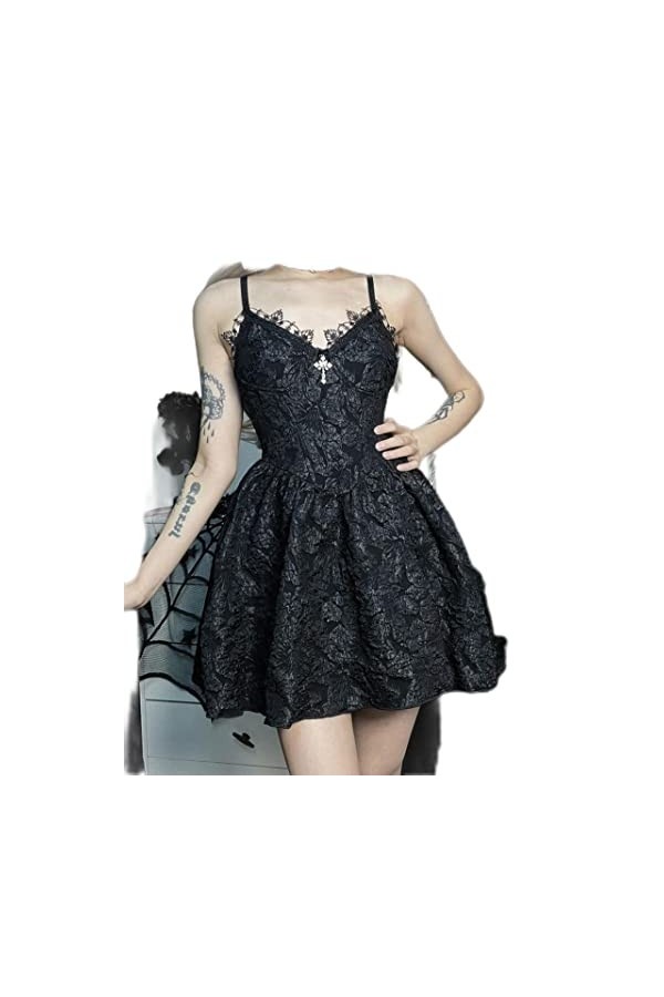 Gothique Noir Sexy Corset&nbsp;&nbsp;&nbsp;Robe Dété Femmes Streetwear Dos Nu sans Manches Lolita Mini Robe Élégante Party Club Robes-Noir,
