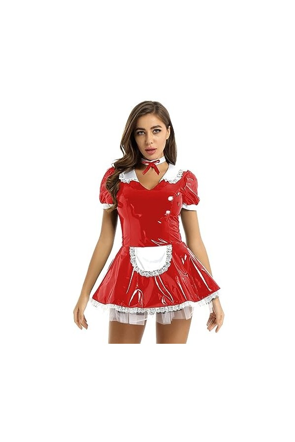 Jowowha Femme Costume Sexy Soubrette Lingerie de Nuit Nuisette Sexy Erotique Robe Cuir Verni Evasée Deguisement Menage Servan