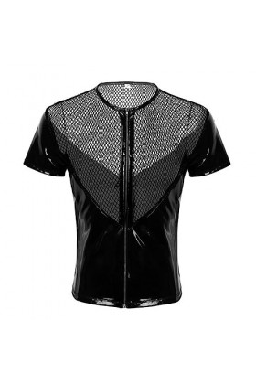 VOIV Harnais en Cuir T-Shirt de Lingerie pour Hommes Haut en Latex Brillant Manches Courtes Haut en Maille Look Humide Harnai