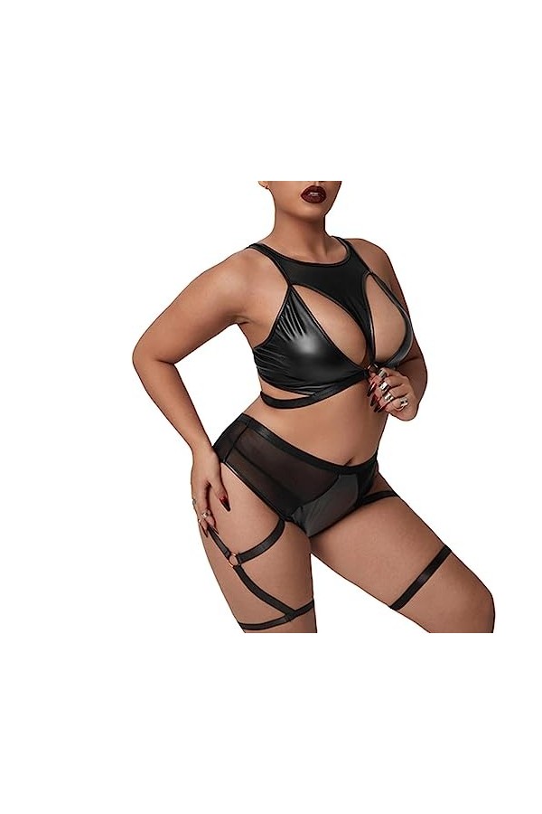 Ensemble de Lingerie Deux pièces Sexy pour Femmes Soutien-Gorge évidé Crop Top Mesh Patchwork Briefs-Black,XXL