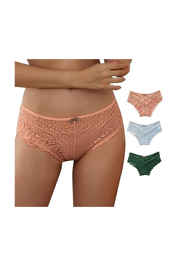 Briskorry Lot de 3 slips en dentelle pour femme - Sexy - String en dentelle - Respirant - Confortable - Culotte - Sous-vêteme