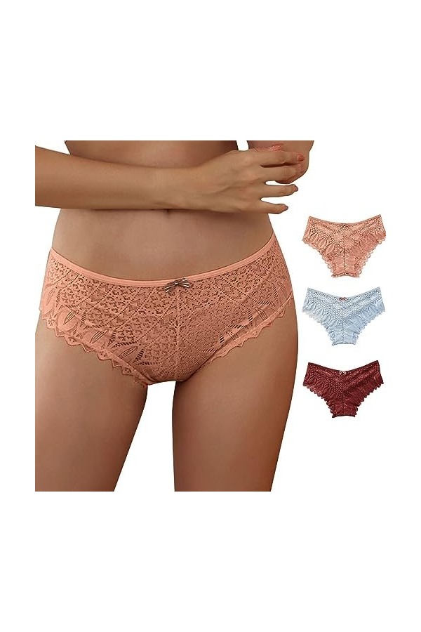 Briskorry Lot de 3 slips en dentelle pour femme - Sexy - String en dentelle - Respirant - Confortable - Culotte - Sous-vêteme