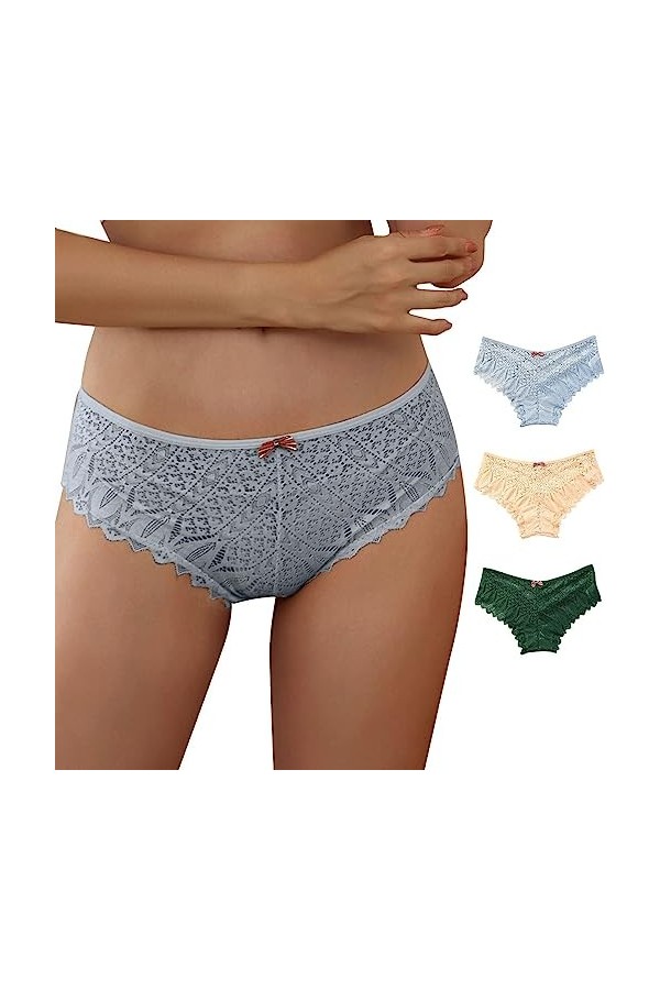 Briskorry Lot de 3 slips en dentelle pour femme - Sexy - String en dentelle - Respirant - Confortable - Culotte - Sous-vêteme