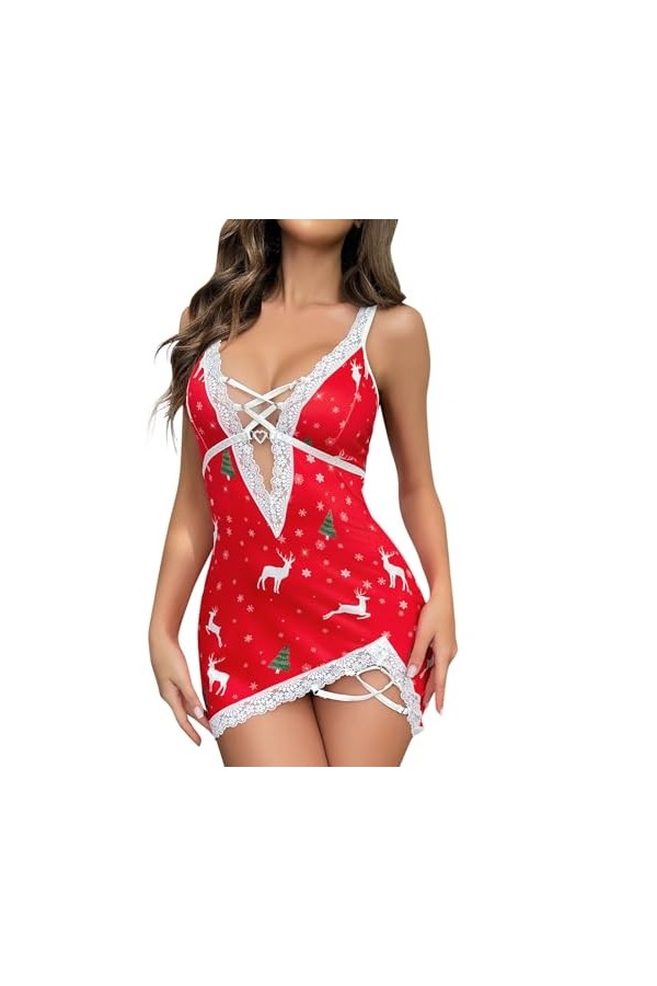 Fulidngzg Robe de Noël rouge extrême pour femme - Tenue érotique - Robe de Noël - Cosplay - Lingerie douce - Costume de fête 